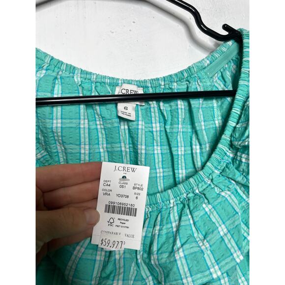 NEW J. CREW Ruffle Neck 3/4 Sleeve Peplum Hem Plaid Mini Dress Size 6 - Picture 2 of 12